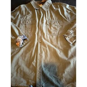 LL Bean‎ Olive Green Button Down Shirt Long Sleeve Camo Trimmed Cuffs Outdoors